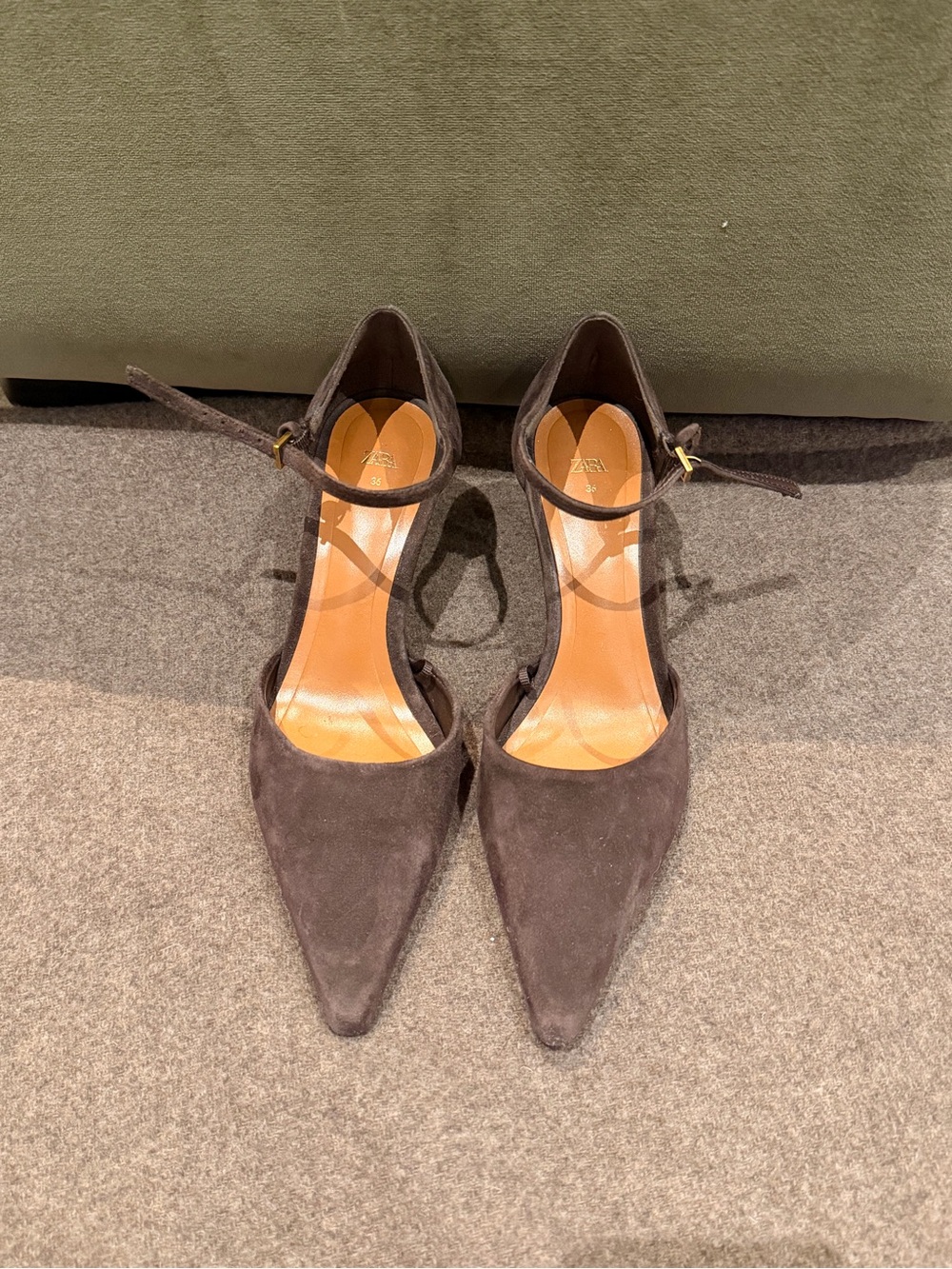 Zara Brown Suede Pointed-Toe Ankle-Strap Heels - Picture 1 of 4